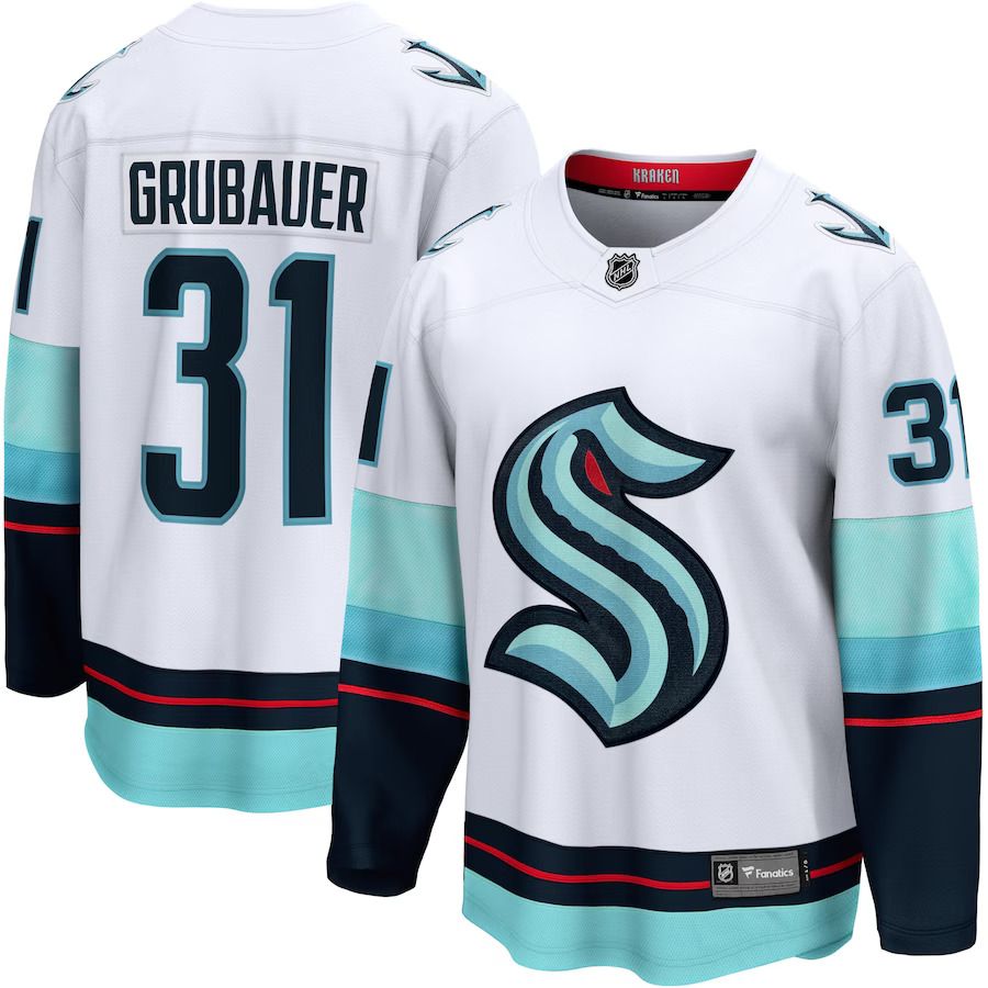 Men Seattle Kraken 31 Philipp Grubauer Fanatics Branded White Away Premier Breakaway Player NHL Jersey